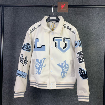 Multi-Patches Mixed Leather Varsity Blouson 'Milky White'