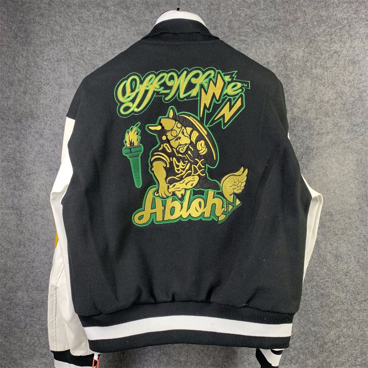 Graphics Leather Varsity Jacket 'Black/White/Yellow/Green'