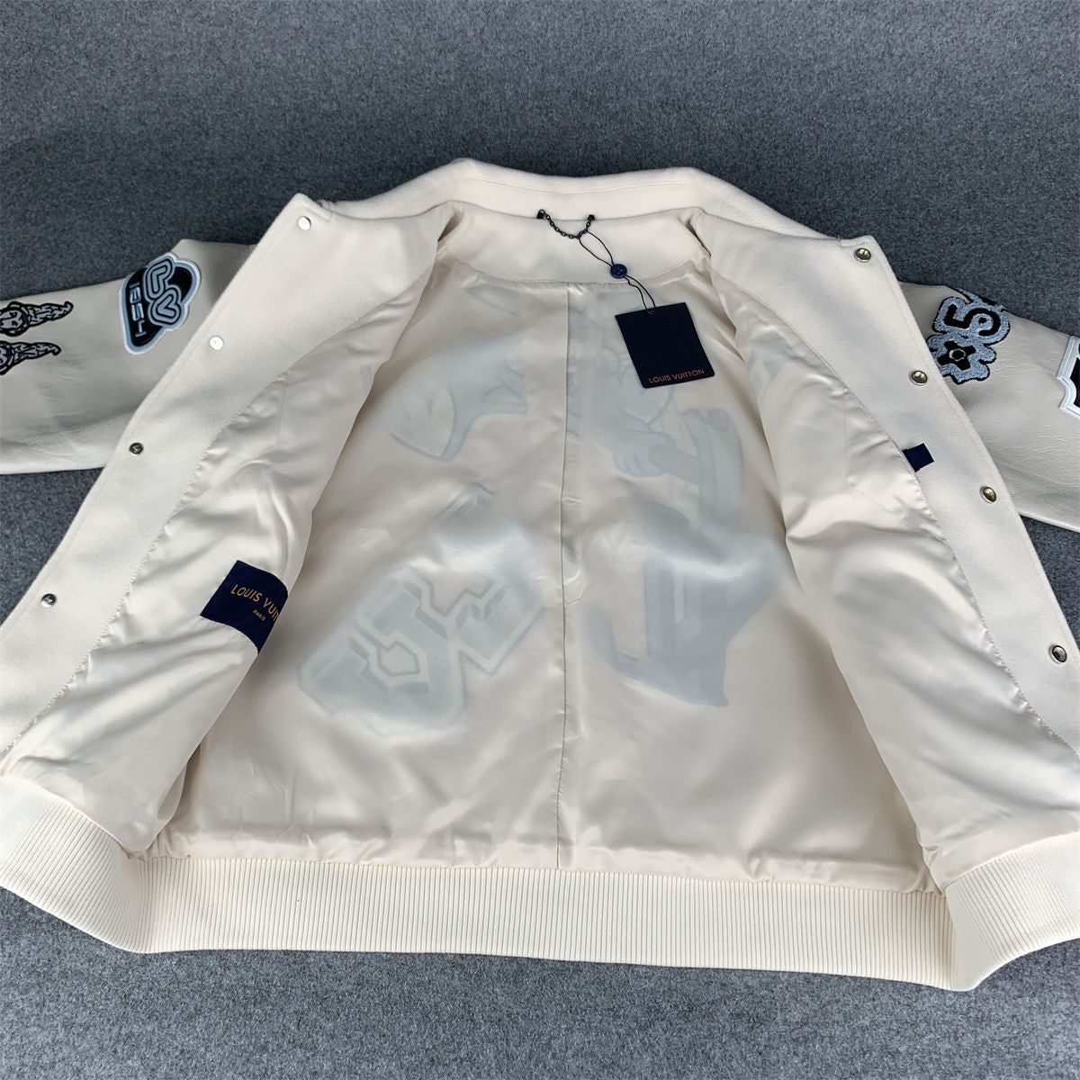 Multi-Patches Mixed Leather Varsity Blouson 'Milky White'